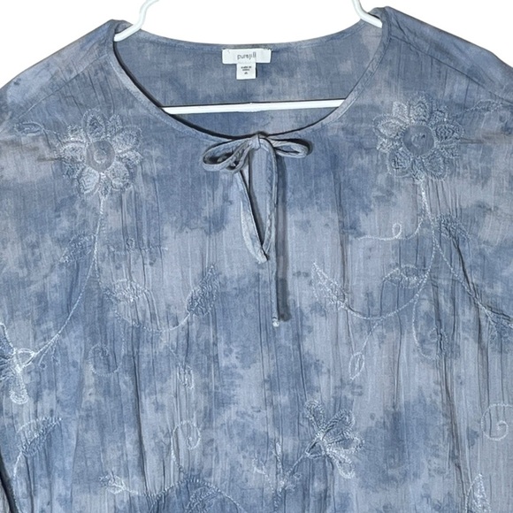 J Jill Pure Jill Blue Embroidered Tie Dye Peasant Blouse Tab Sleeve Size XL - Picture 4 of 11
